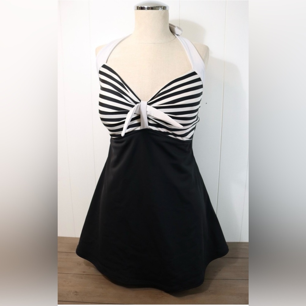 Black and White Striped Halter Retro Swim Dress shorts/skirted bottom 3x